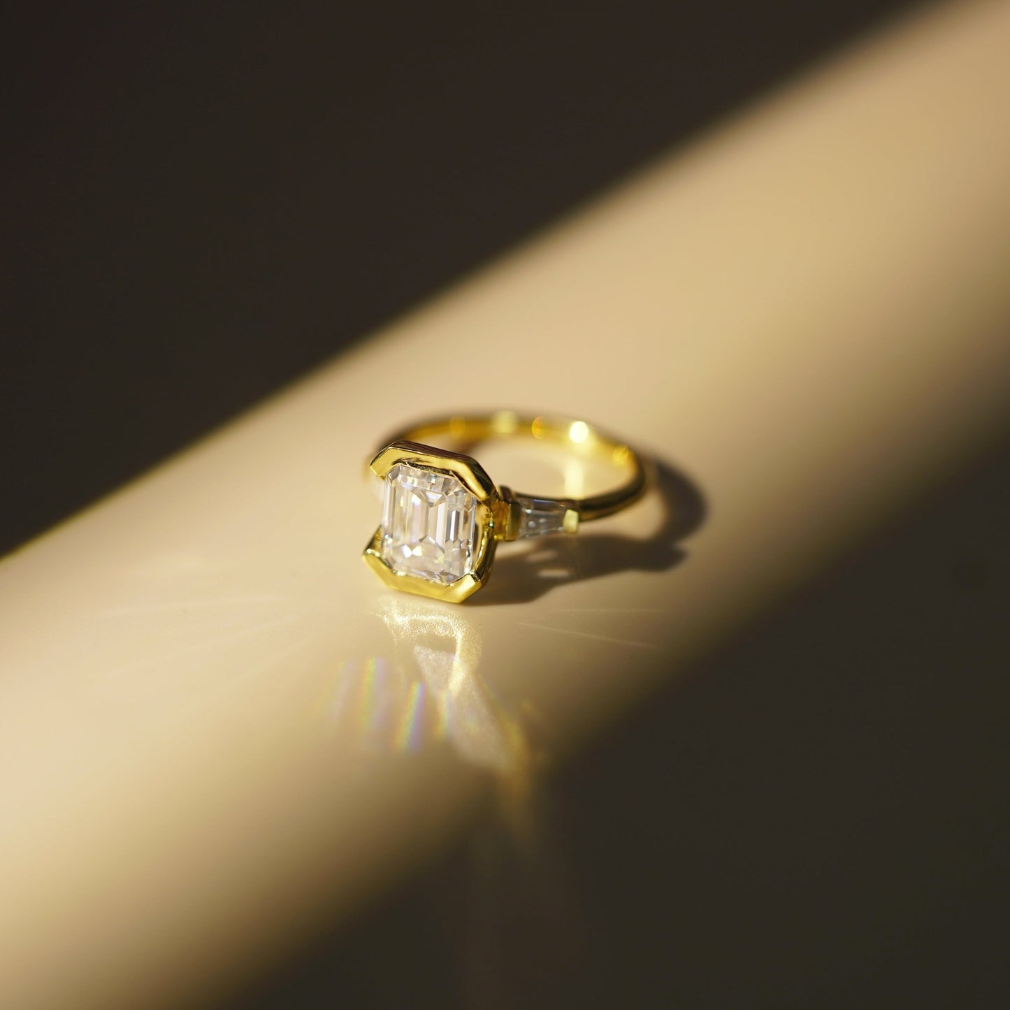 Emerald Cut Three Stone Half Bezel Lab-Grown Diamond Engagement Ring