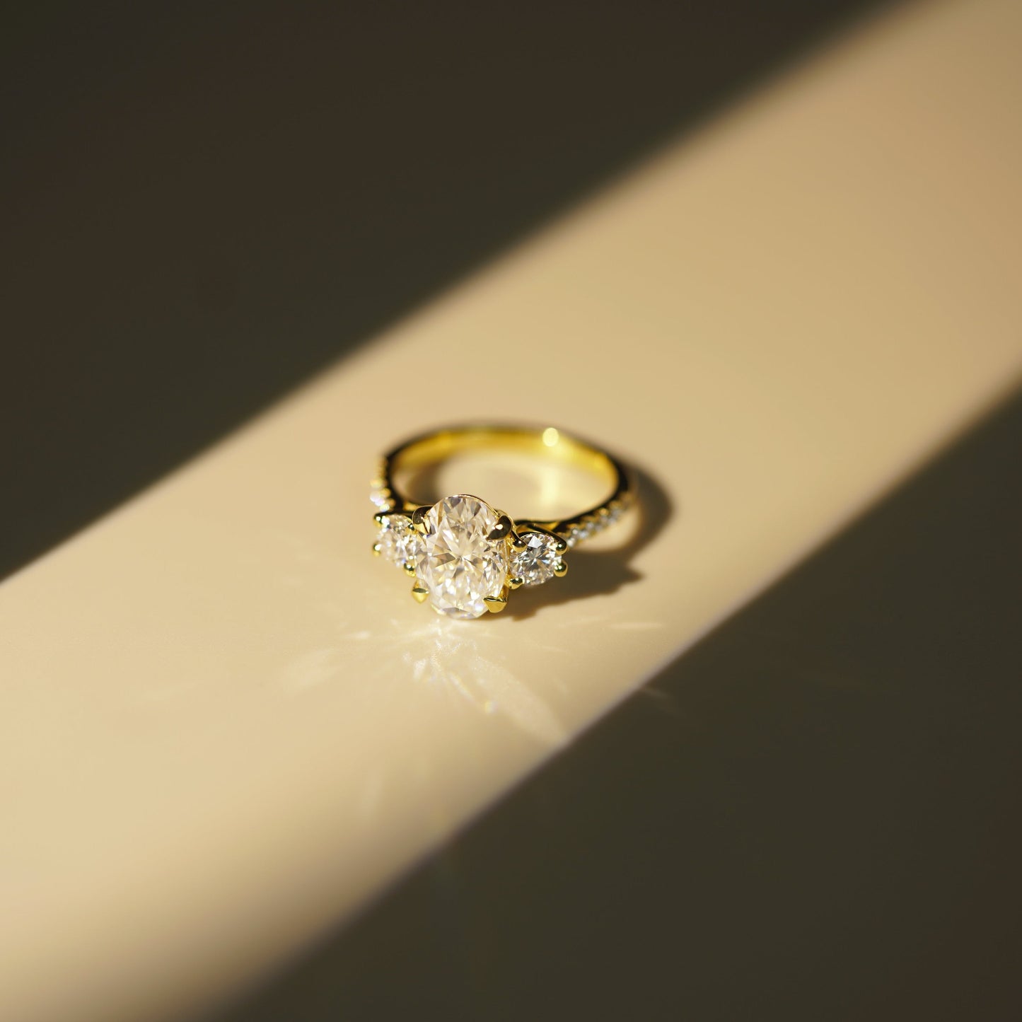 Oval Cut Three Stone & Pave Lab-Grown Diamond Engagement Ring