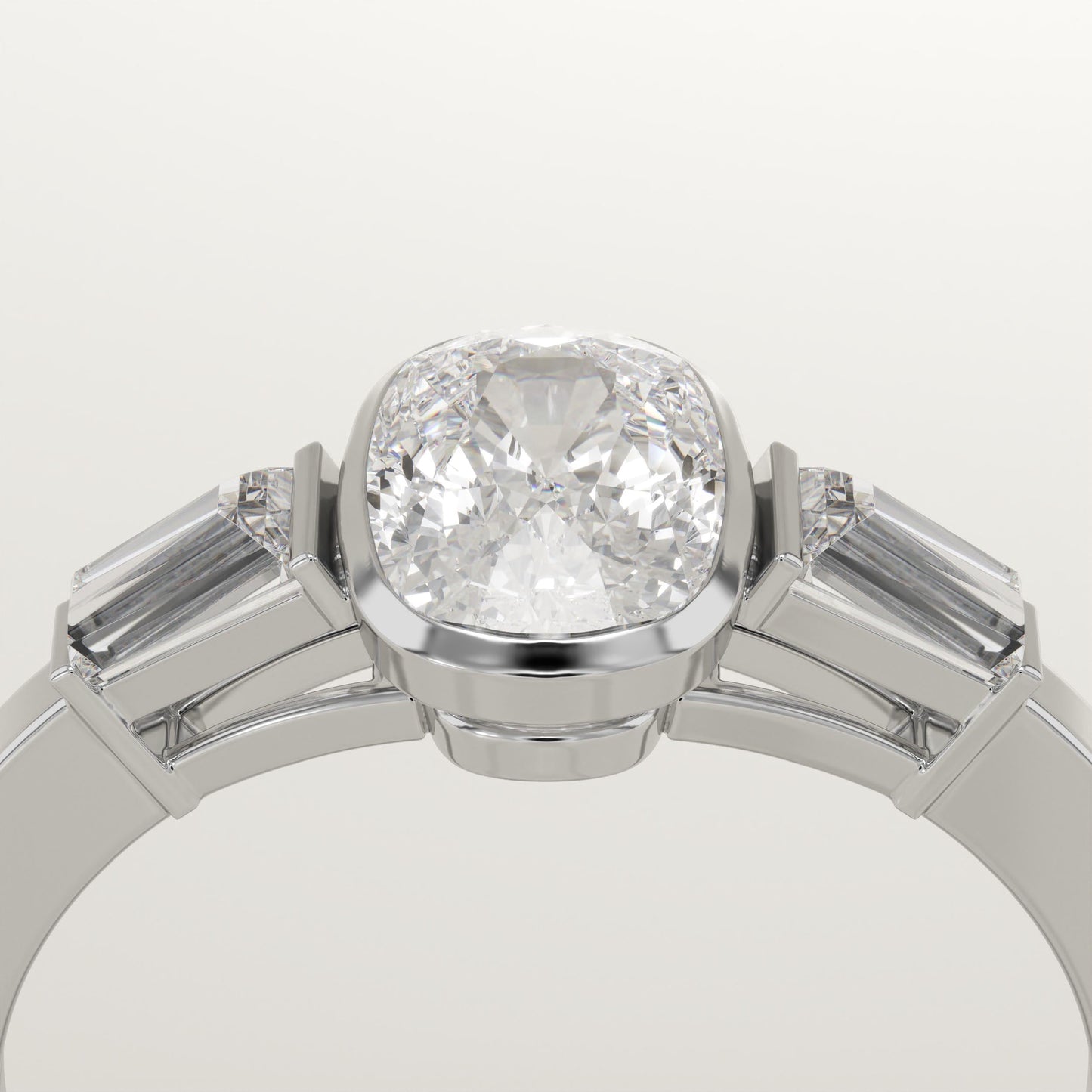 Elongated Cushion Cut Three Stone Half Bezel Lab-Grown Diamond Engagement Ring