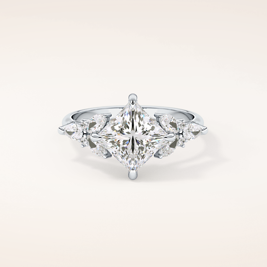 white Princess Cut Cluster Style Lab Grown Diamond Engagement Ring