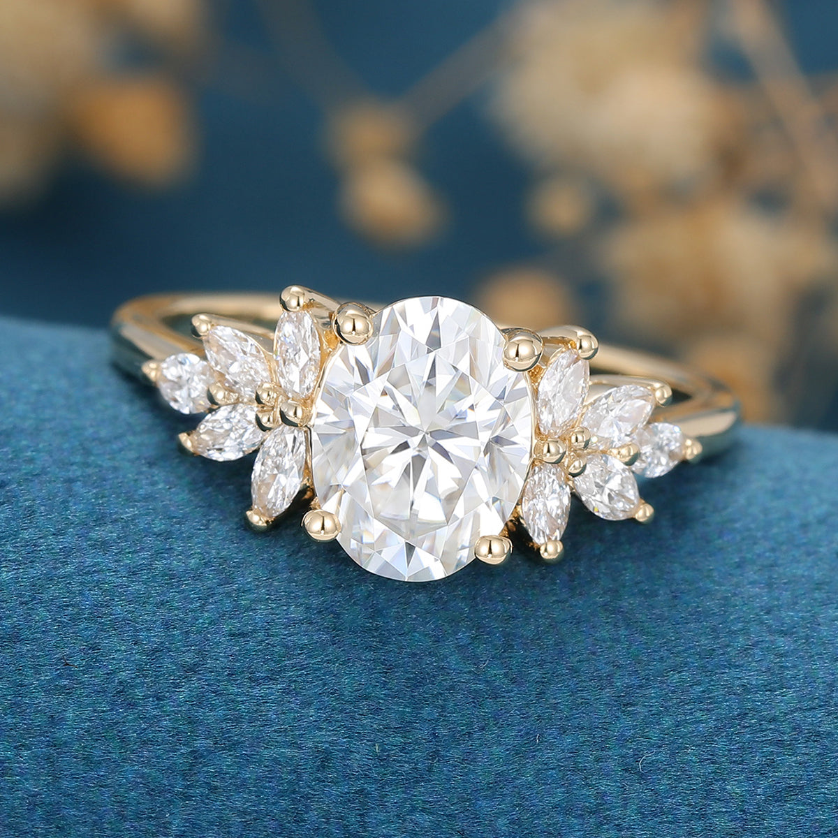 1.33 CT Oval Shaped Moissanite Cluster Engagement Ring