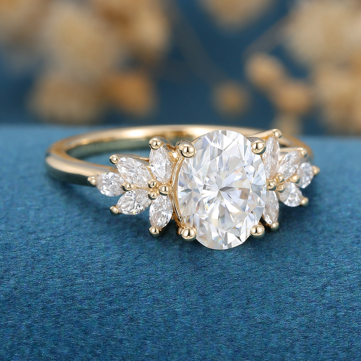 1.33 CT Oval Shaped Moissanite Cluster Engagement Ring