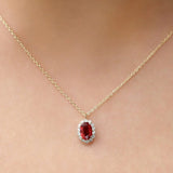 0.8 TCW Oval & Round July-Ruby Birthstone Halo Necklace