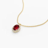 0.8 TCW Oval & Round July-Ruby Birthstone Halo Necklace