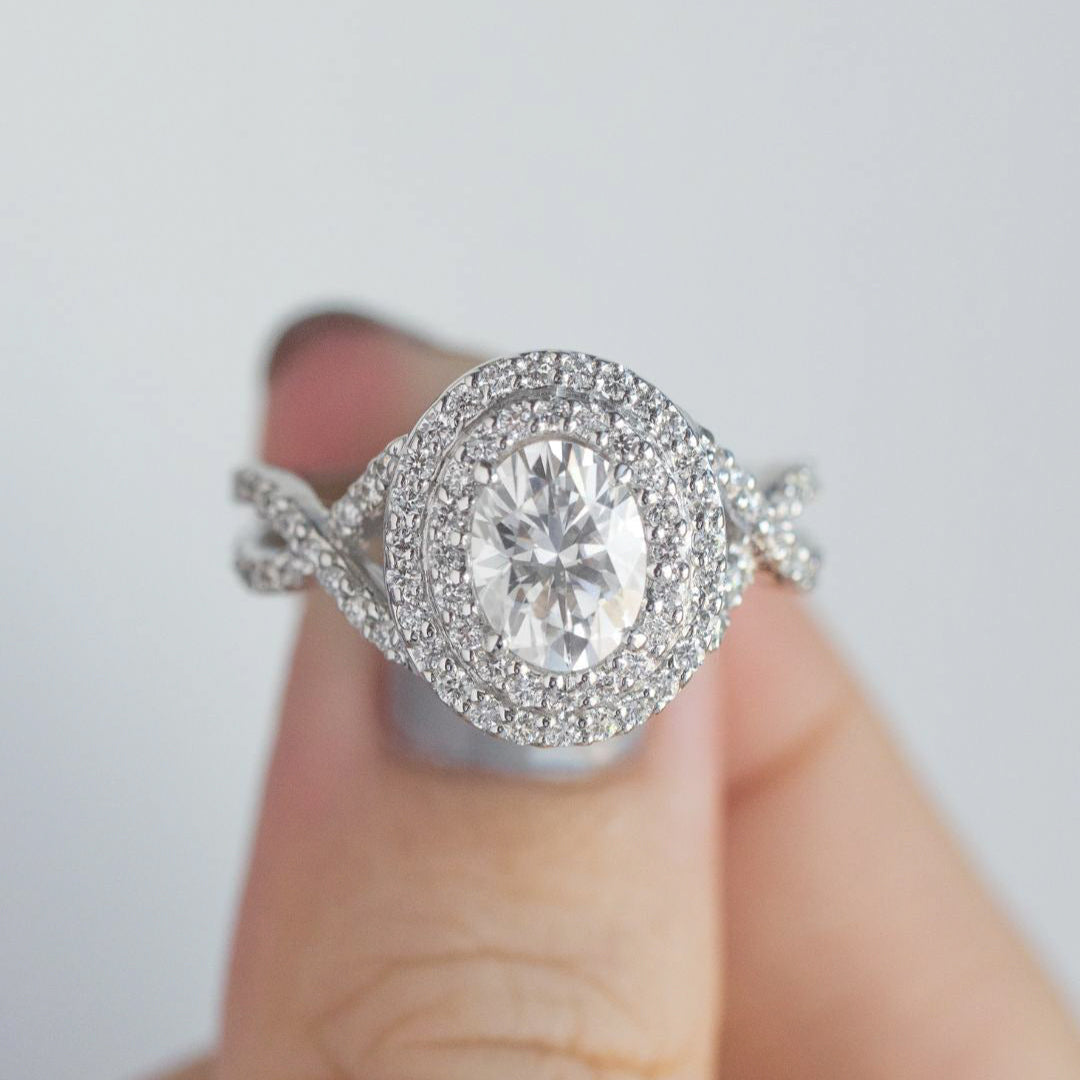 1 CT Oval Cut Double Halo & Twisted Pave Lab-Grown Diamond Engagement Ring 7