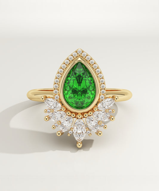 1.55 CT Pear Cut Cluster Lab-Grown Emerald Gemstone Engagement Ring
