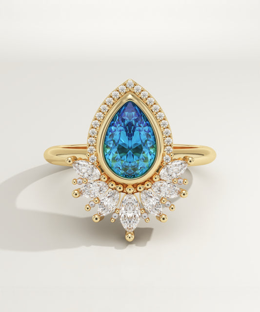 1.55 CT Pear Cut Cluster Lab-Grown Blue-Topaz Gemstone Engagement Ring
