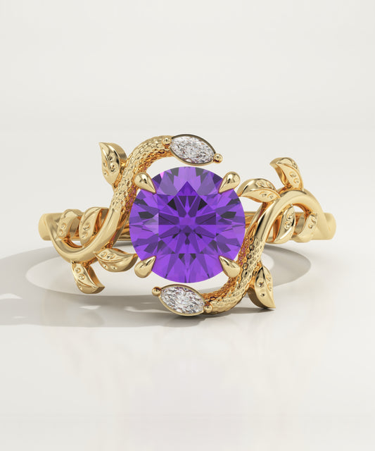 1 CT Round Cut Nature Inspired Lab-Grown Amethyst Gemstone Engagement Ring
