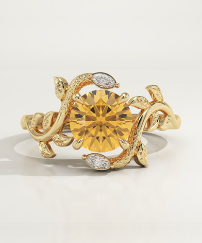1 CT Round Cut Nature Inspired Lab-Grown Citrine Gemstone Engagement Ring