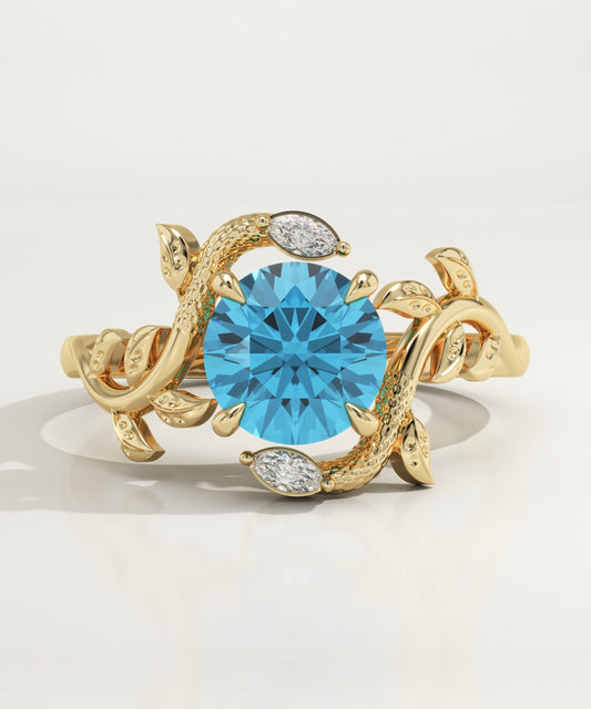 1 CT Round Cut Nature Inspired Lab-Grown Blue-Topaz Gemstone Engagement Ring