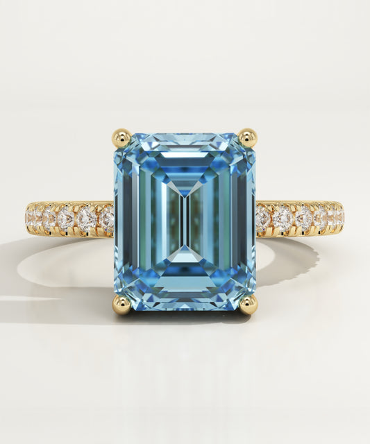 3.71 CT Emerald Cut Pave Lab-Grown Aquamarine Gemstone Engagement Ring
