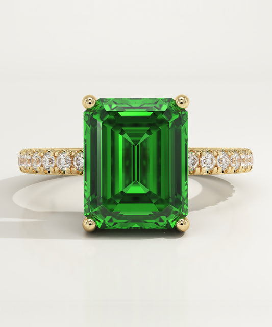 3.71 CT Emerald Cut Pave Lab-Grown Emerald Gemstone Engagement Ring