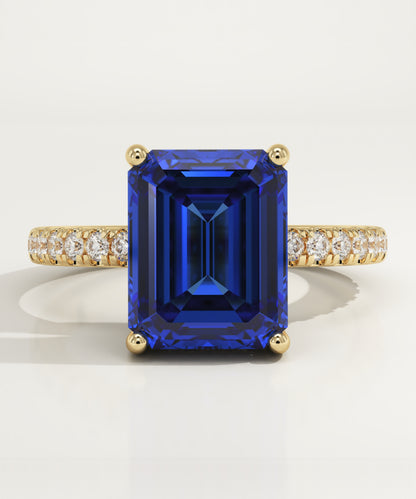 3.71 CT Emerald Cut Pave Lab-Grown Sapphire Gemstone Engagement Ring
