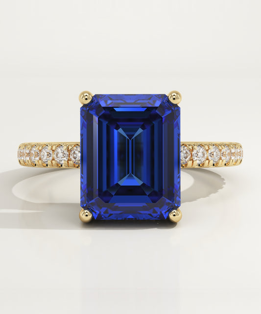 3.71 CT Emerald Cut Pave Lab-Grown Sapphire Gemstone Engagement Ring