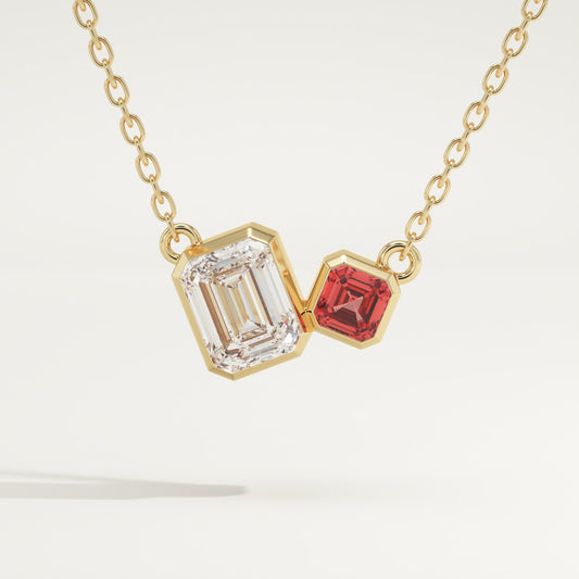 3.21 TCW Emerald & Asscher Toi Et Moi January-Garnet Birthstone Necklace