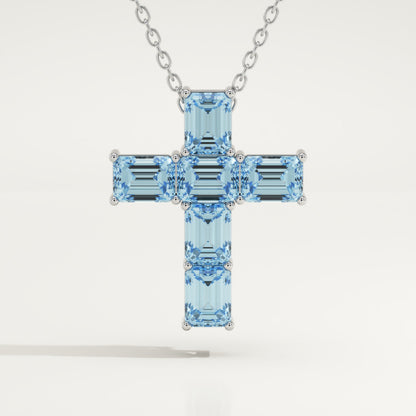 0.83 TCW Emerald March-Aquamarine Cross Birthstone Necklace