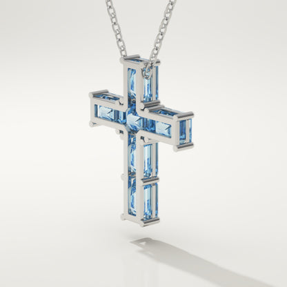0.83 TCW Emerald March-Aquamarine Cross Birthstone Necklace