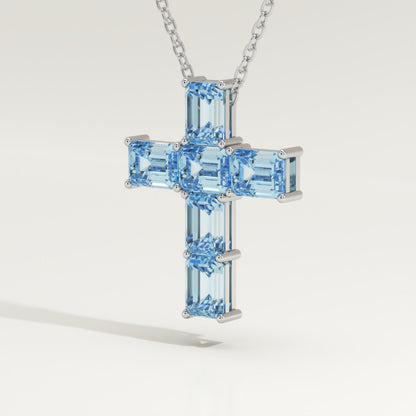 0.83 TCW Emerald March-Aquamarine Cross Birthstone Necklace