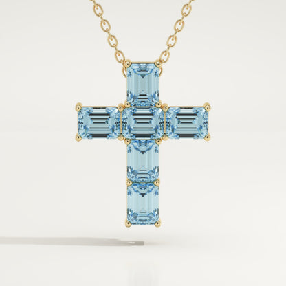 0.83 TCW Emerald March-Aquamarine Cross Birthstone Necklace