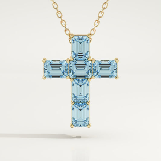 0.83 TCW Emerald March-Aquamarine Cross Birthstone Necklace