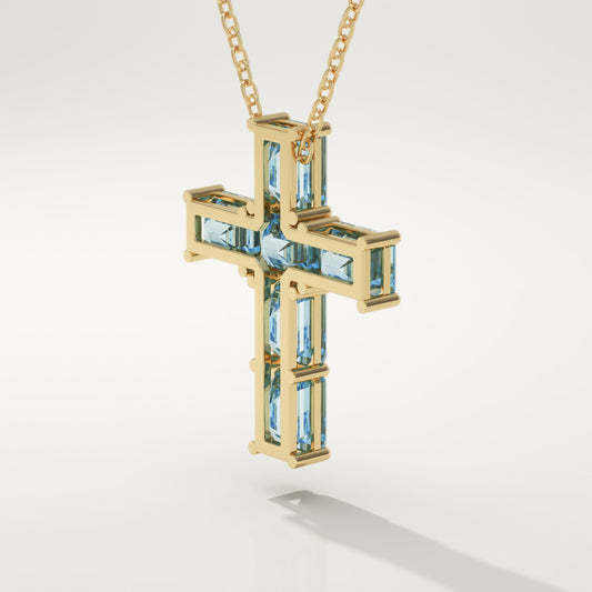 0.83 TCW Emerald March-Aquamarine Cross Birthstone Necklace