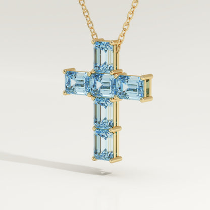 0.83 TCW Emerald March-Aquamarine Cross Birthstone Necklace