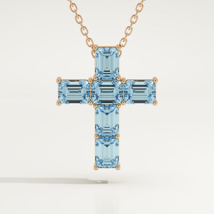 0.83 TCW Emerald March-Aquamarine Cross Birthstone Necklace