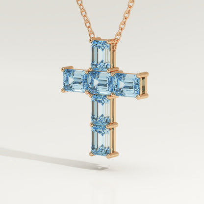 0.83 TCW Emerald March-Aquamarine Cross Birthstone Necklace