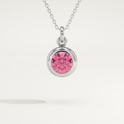 0.81 CT Round October-Pink Tourmaline Bezel & Solitaire Birthstone Necklace