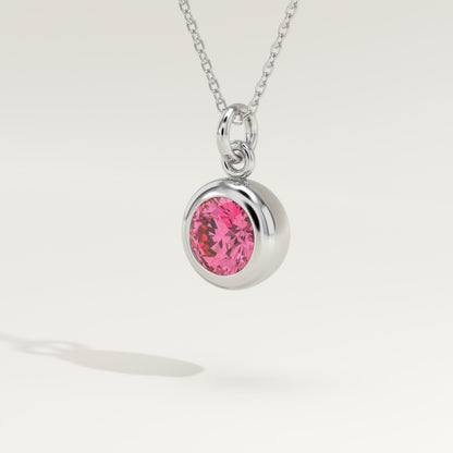 0.81 CT Round October-Pink Tourmaline Bezel & Solitaire Birthstone Necklace