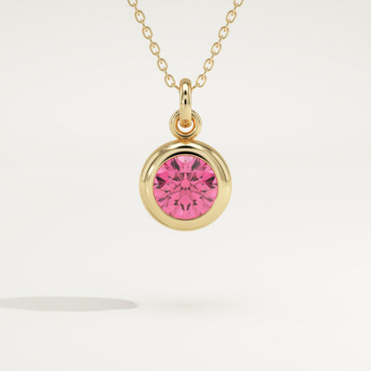 0.81 CT Round October-Pink Tourmaline Bezel & Solitaire Birthstone Necklace