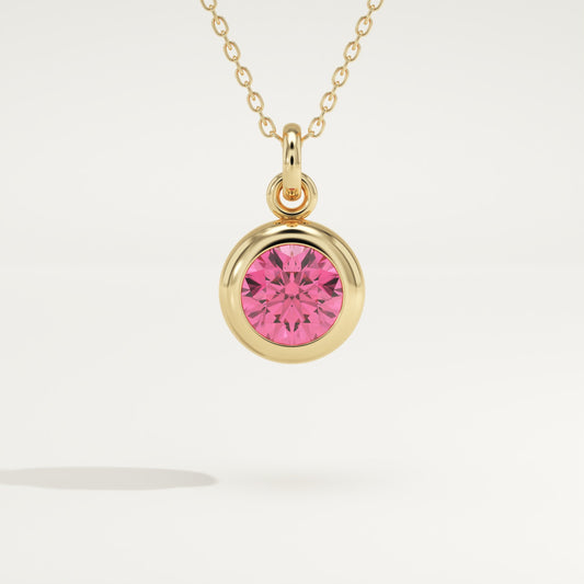 0.81 CT Round October-Pink Tourmaline Bezel & Solitaire Birthstone Necklace