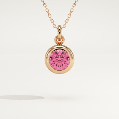 0.81 CT Round October-Pink Tourmaline Bezel & Solitaire Birthstone Necklace