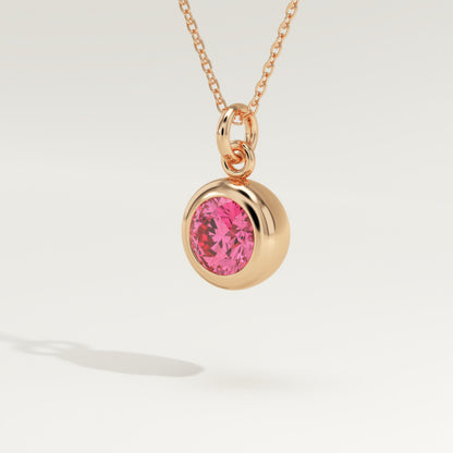 0.81 CT Round October-Pink Tourmaline Bezel & Solitaire Birthstone Necklace