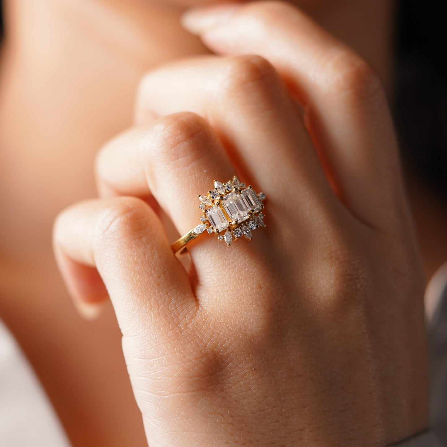 Emerald Cut Cluster Lab-Grown Diamond Engagement Ring