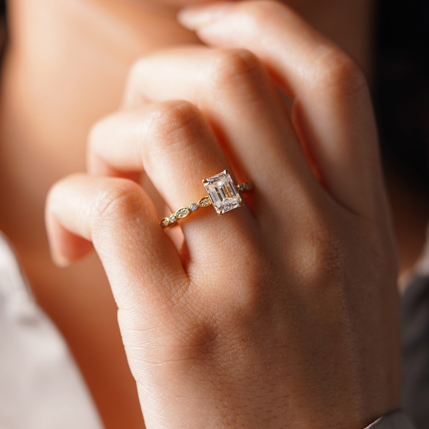 Emerald Cut Milgrain Pave Lab-Grown Diamond Engagement Ring