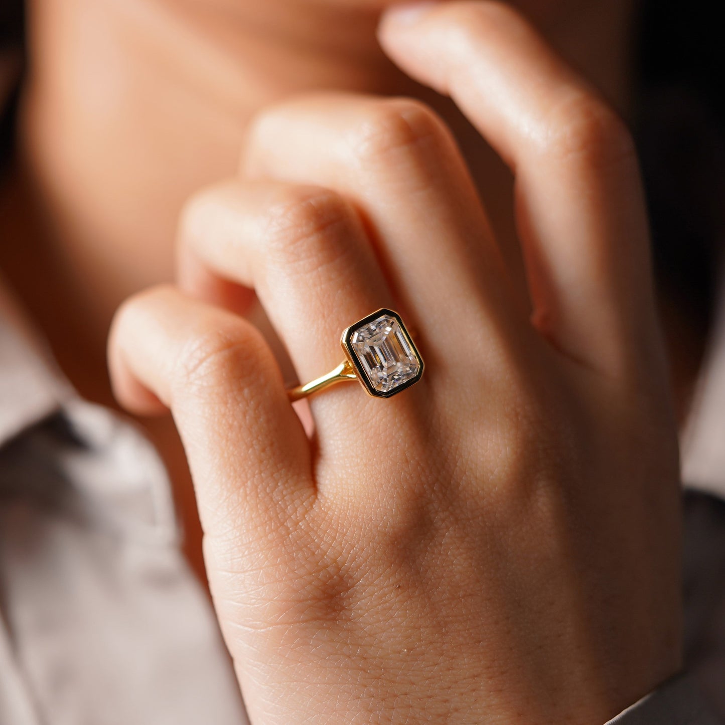 Emerald Cut Bezel Split Shank Lab-Grown Diamond Engagement Ring