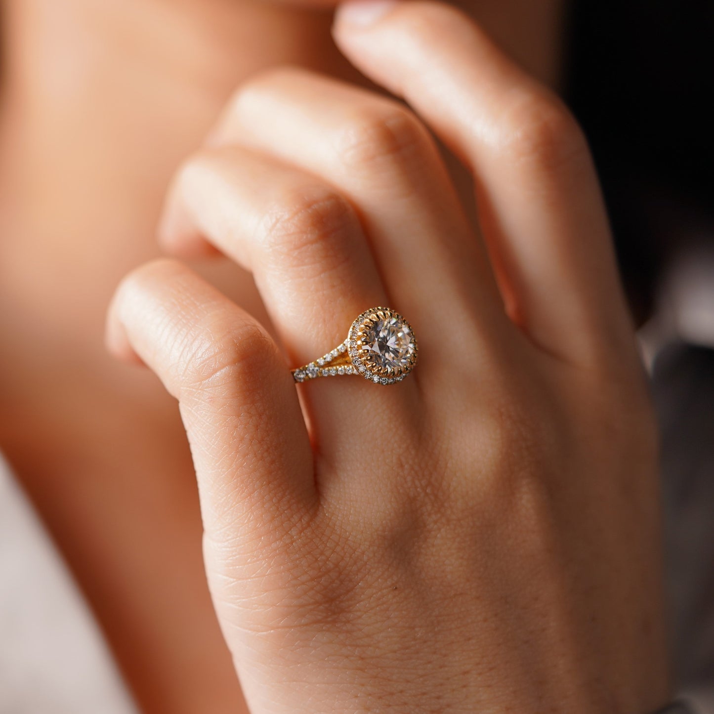 Round Cut Halo & Pave Split Shank Lab-Grown Diamond Engagement Ring