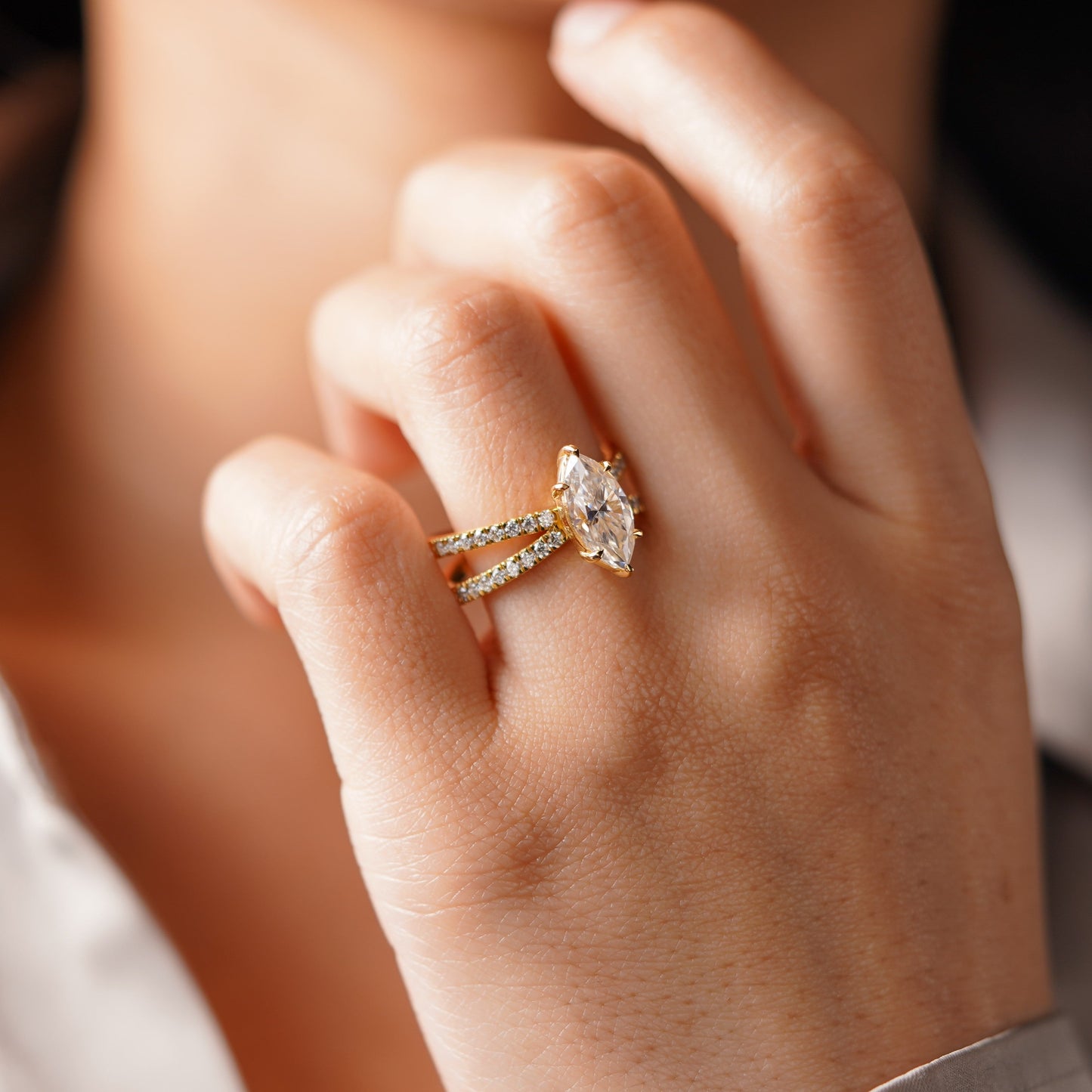 Marquise Cut Hidden Halo & Criss Cross Pave Lab-Grown Diamond Engagement Ring