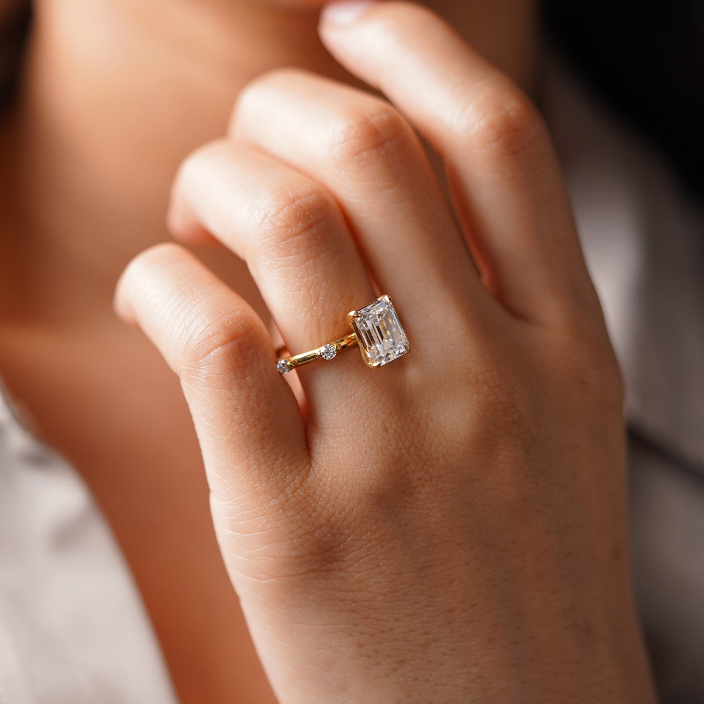 Emerald Cut Dainty Pave Lab-Grown Diamond Engagement Ring