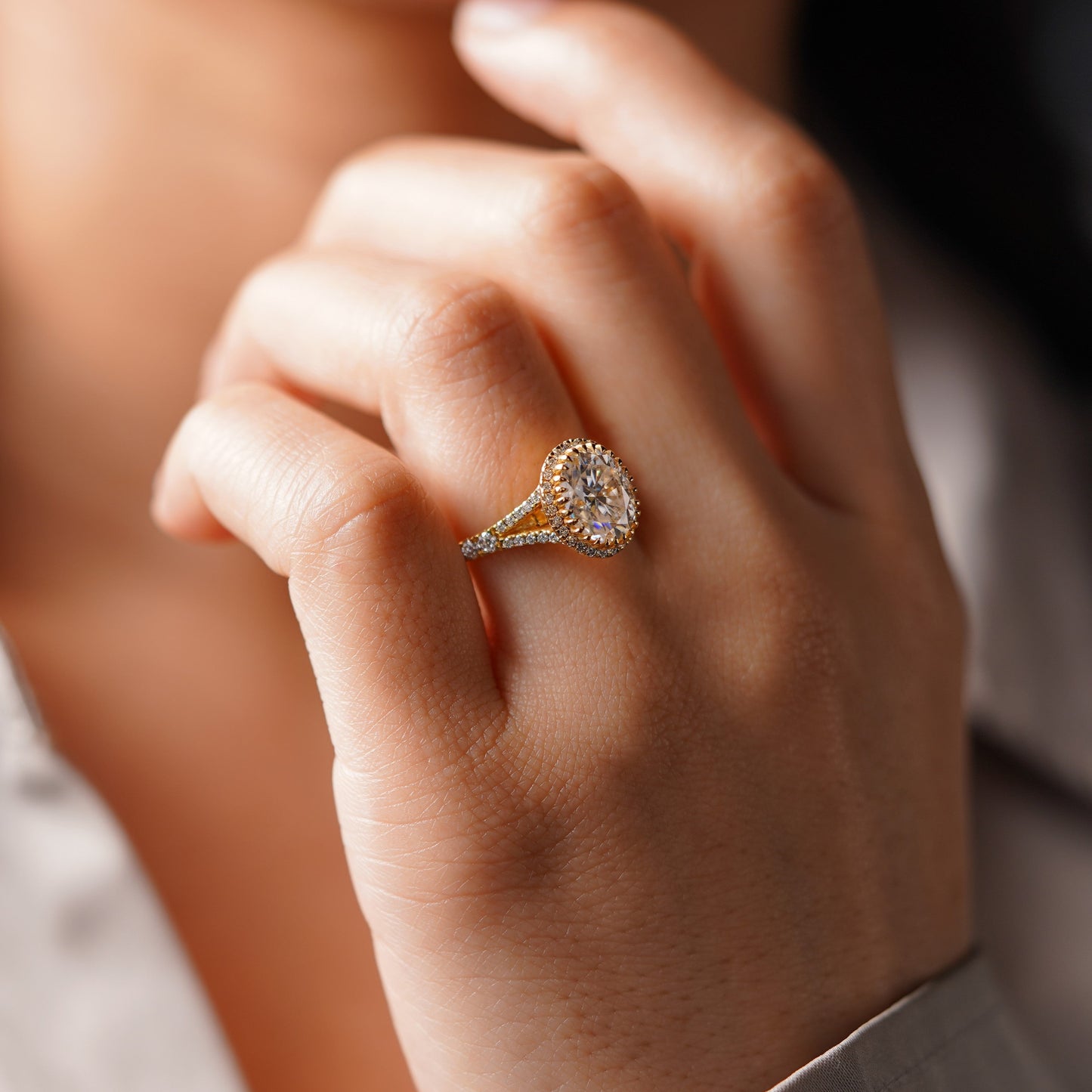 Oval Cut Halo & Pave Split Shank Lab-Grown Diamond Engagement Ring