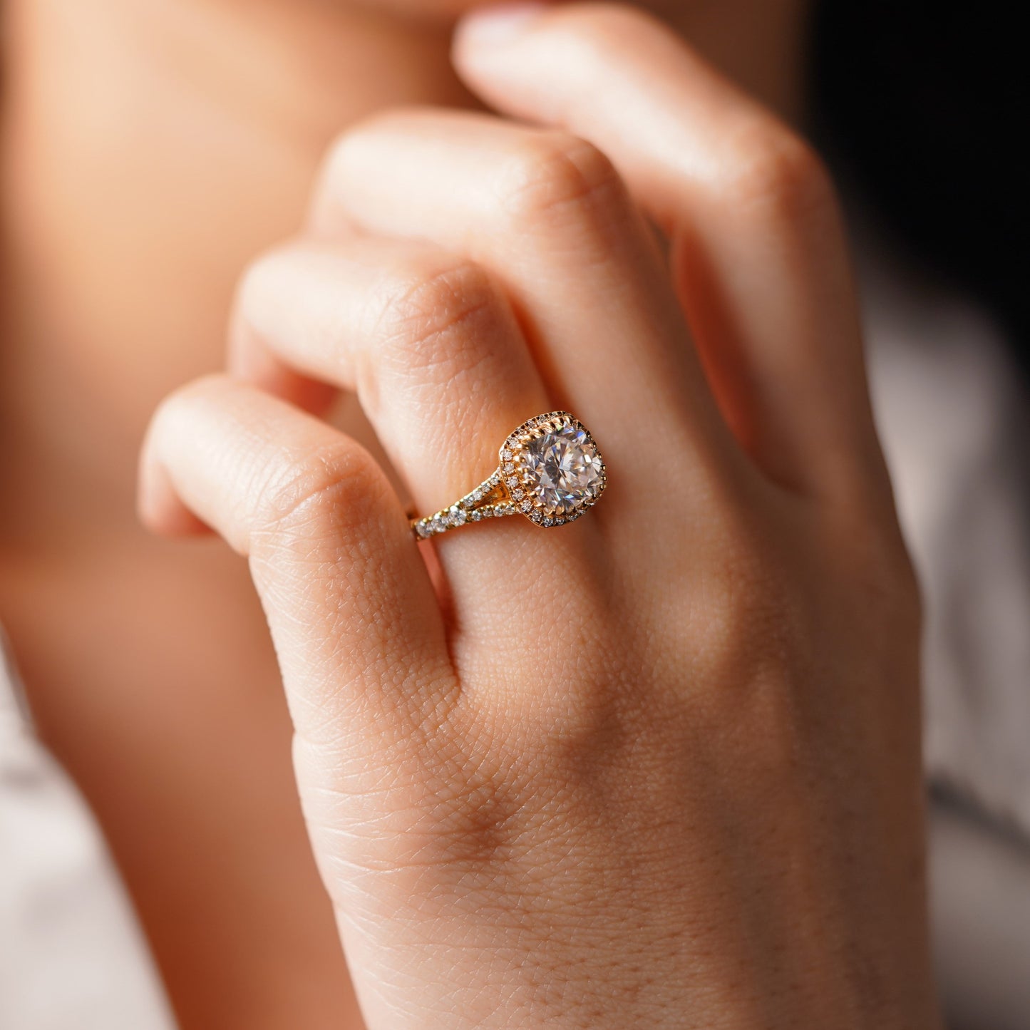 Cushion Cut Halo & Pave Split Shank Lab-Grown Diamond Engagement Ring