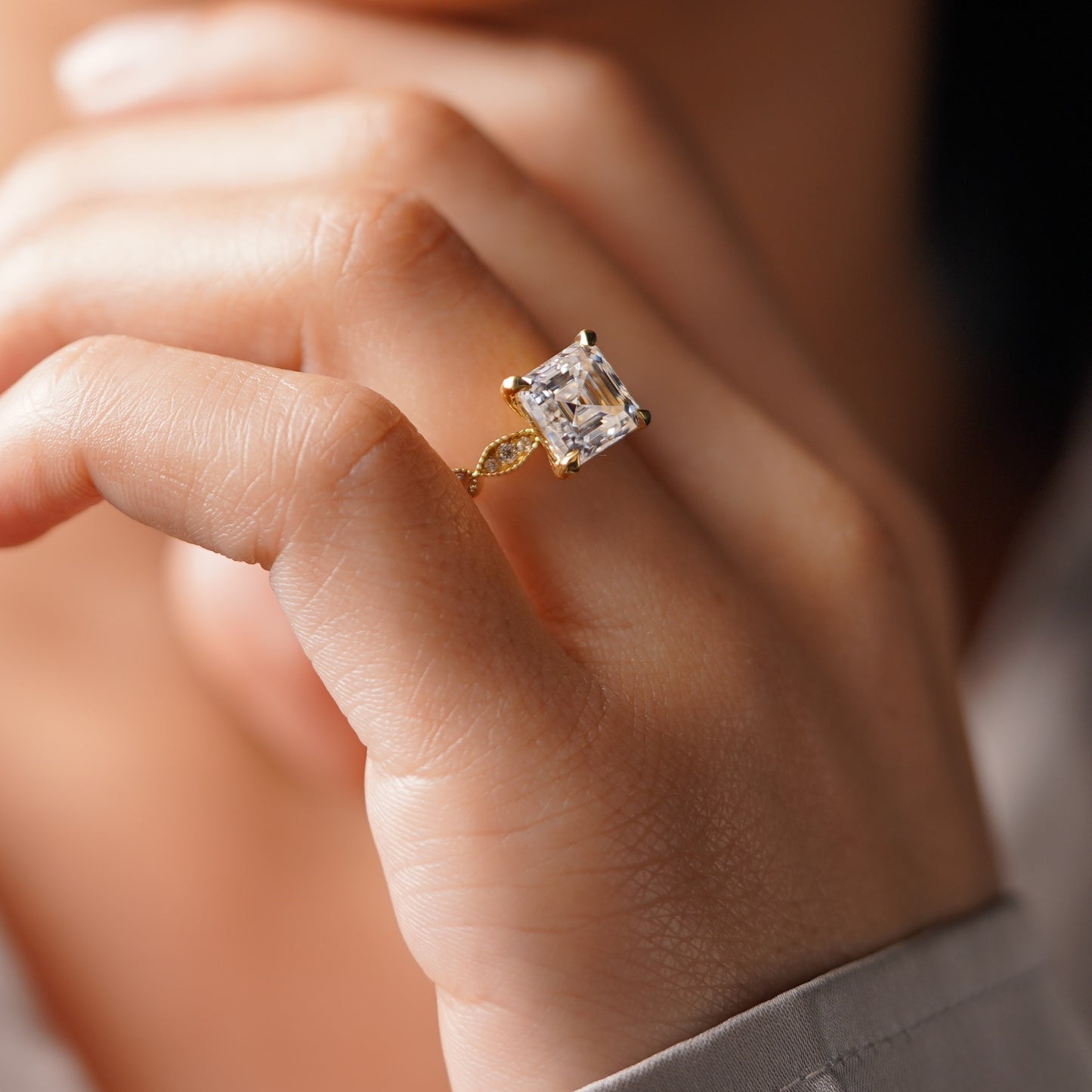 Asscher Cut Milgrain Pave Lab-Grown Diamond Engagement Ring