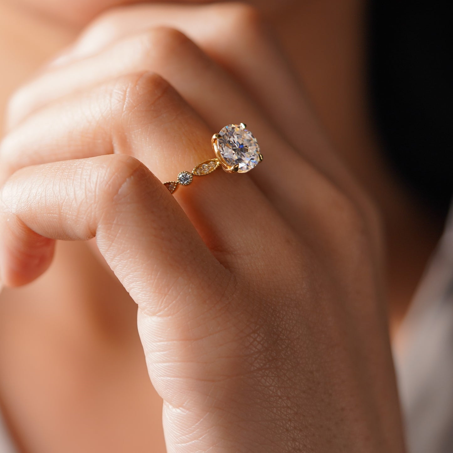 Round Cut Milgrain Pave Lab-Grown Diamond Engagement Ring