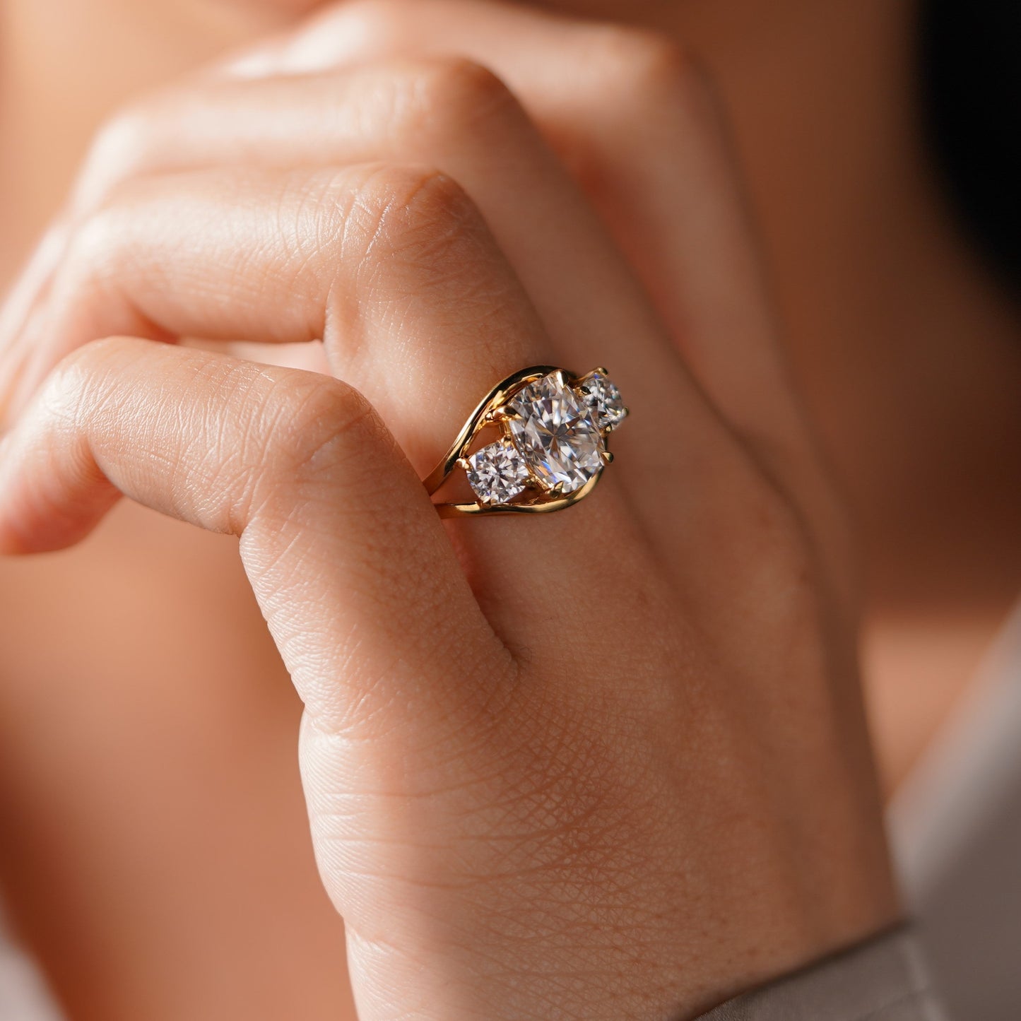 Elongated Cushion Cut Three Stone Lab-Grown Diamond Engagement Ring