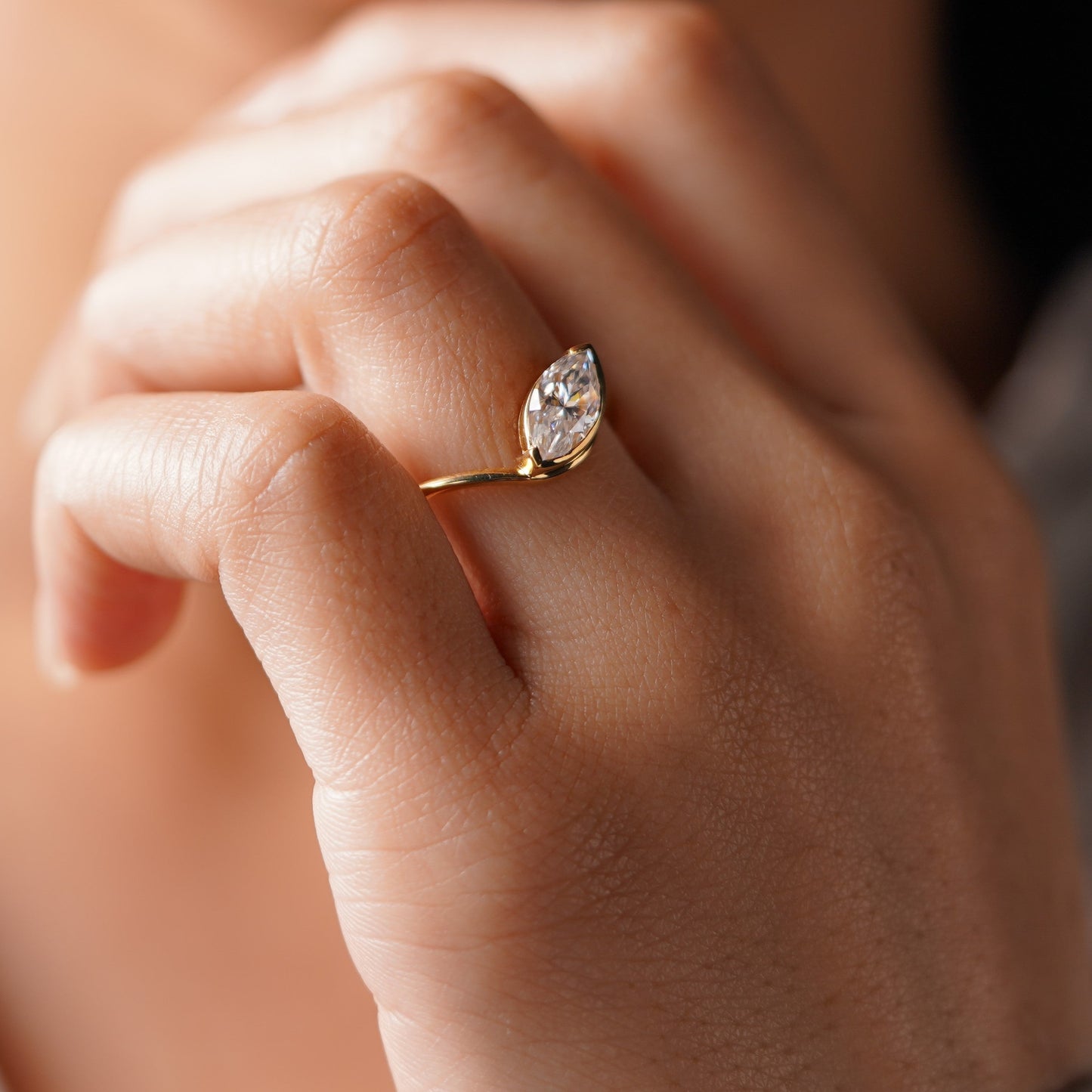 Marquise Cut Half Bezel Waved Lab-Grown Diamond Engagement Ring