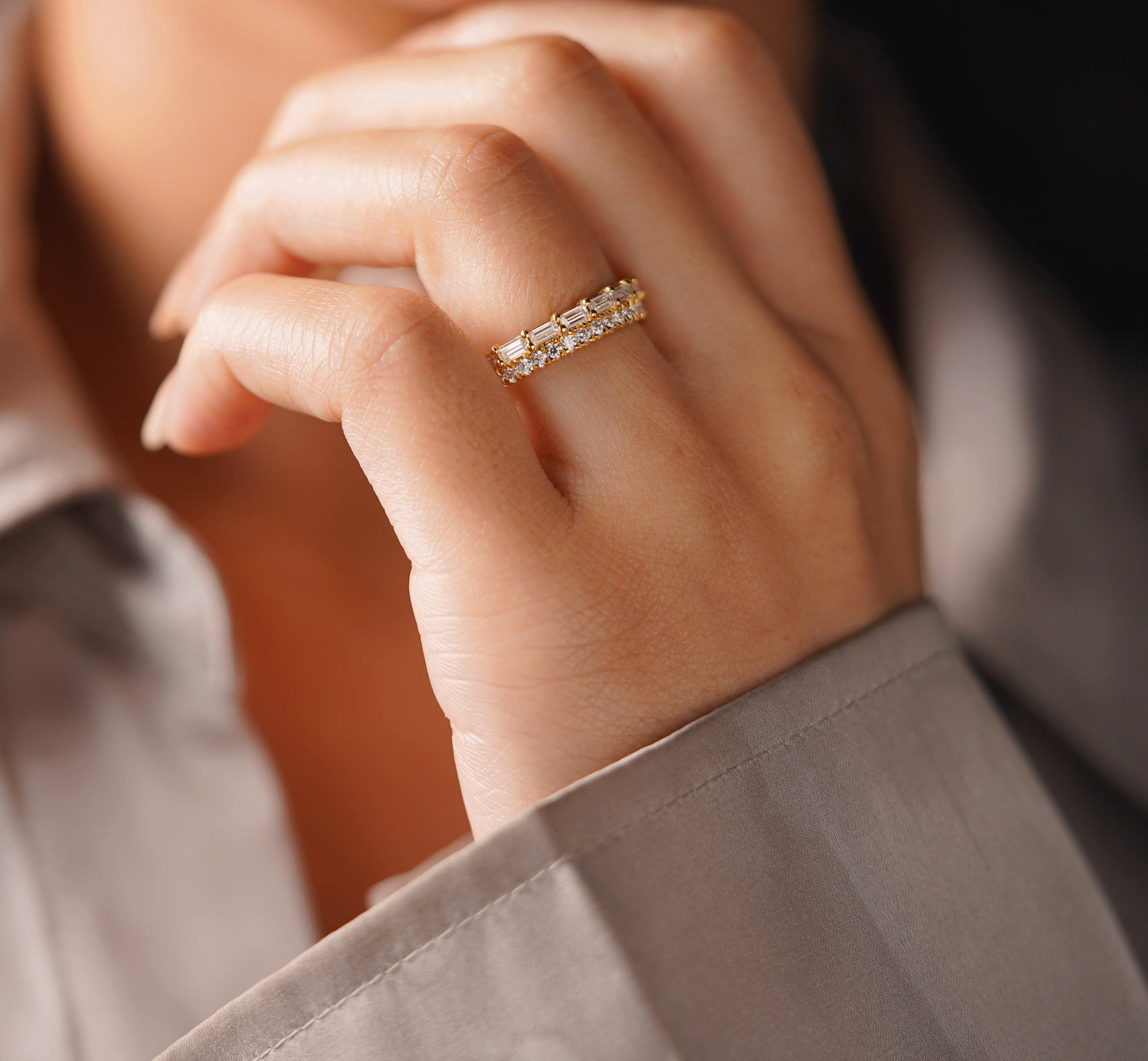 0.67 TCW Baguette & Round Lab-Grown Diamond Half Eternity Wedding Band