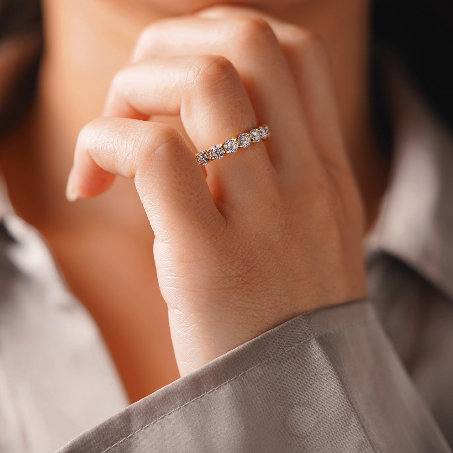 1.1 TCW Round Lab-Grown Diamond Half Eternity Wedding Band