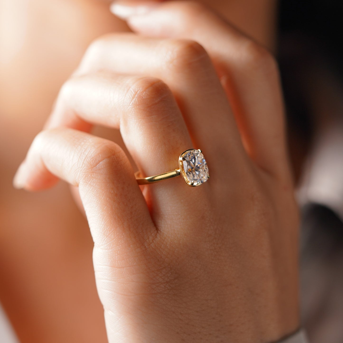 Elongated Cushion Cut Solitaire Cathedral Lab-Grown Diamond Engagement Ring