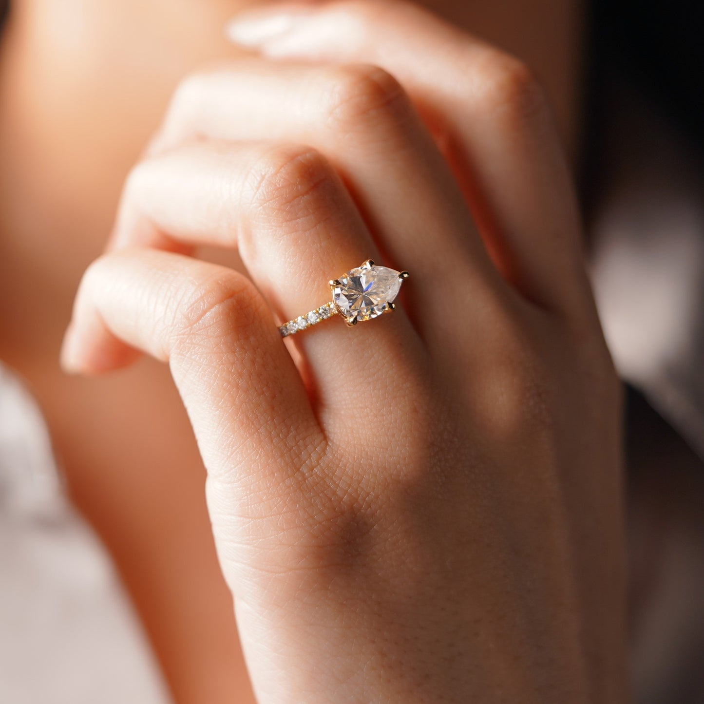 East West Pear Cut Half Pave Lab-Grown Diamond Engagement Ring
